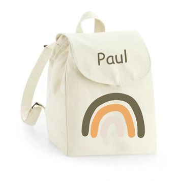 Sac à dos maternelle personnalisé prénom - Arc-en-ciel kaki ocre - Sac crèche 100% coton bio - Rentrée enfant garçon ou fille