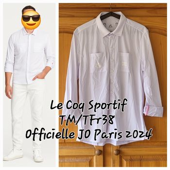 Le Coq Sportif Chemise ML TM/TFr38 - Blanche&Revers Rose- Officielle JO Paris 2024