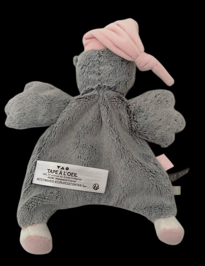 B6178❤️  Doudou Plat Chouette Hibou Gris Rose Blanc Pois TAO TAPE A L'OEIL - photo numéro 2