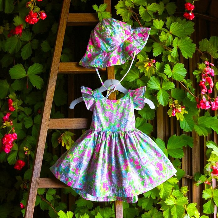JACADI - 2P BÉBÉ FILLE IMPRIMÉ LIBERTY, TONS FLASHIES, VOLANTS & BAS ÉVASÉ 6M