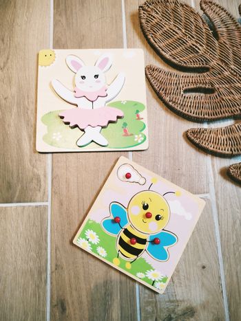 🐰Lot de 2 petits puzzles en bois lapine danseuse étoile en tutu et abeille