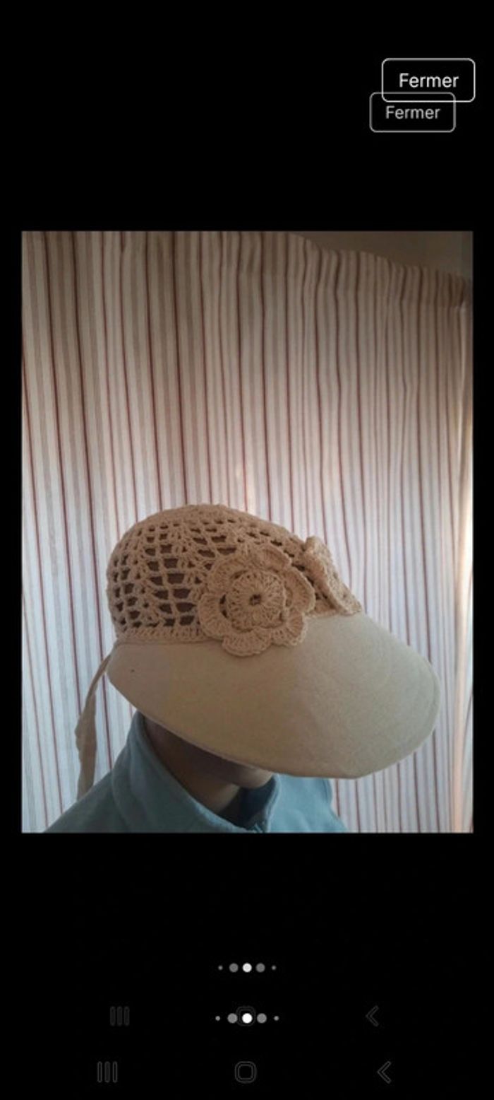 Joli Chapeau beige tricoté en coton/lin fait main - photo numéro 4