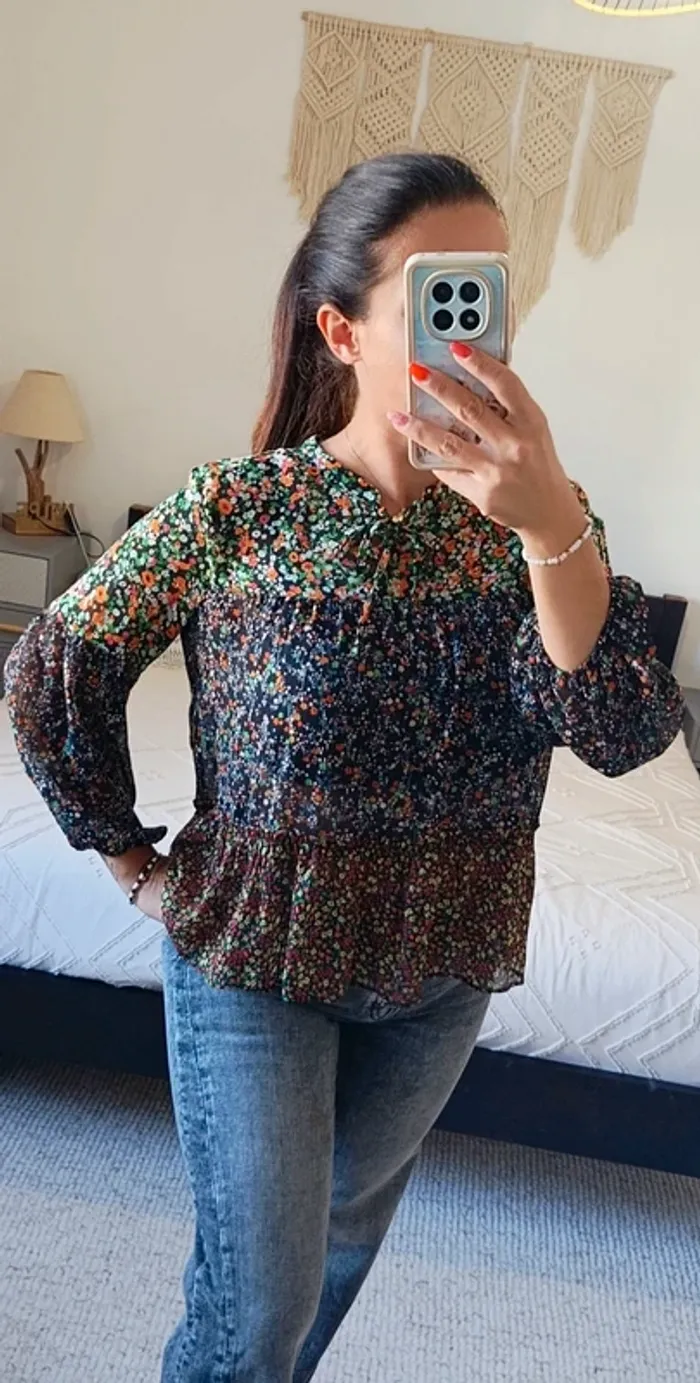 Blouse Mango Casual MNG L noir fleuri fluide légère ample - photo numéro 3