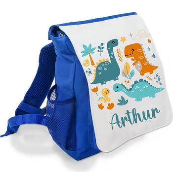 Sac à dos bleu maternelle personnalisé prénom - Motif dinosaures colorés - Rabat imprimé amovible - Sac crèche garçon