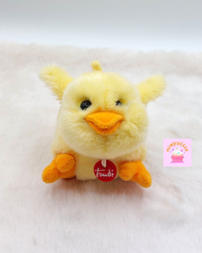 Petite peluche doudou poussin jaune orange TRUDI yeux durs longueur 16 cm