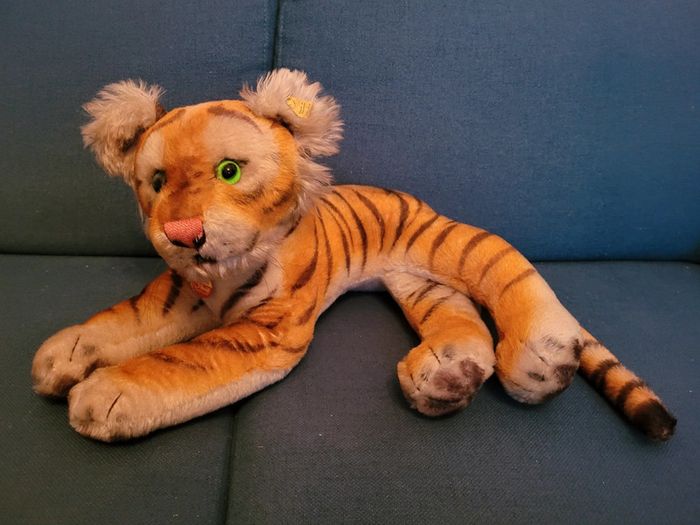 RARE Grand tigre peluche rigide ancien Steiff 60cm yeux verts doudou collection Inde
