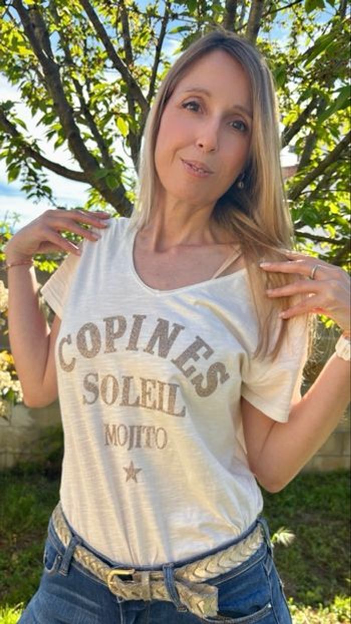 Tee-shirt  crème et  et doré Copines soleil Mojito taille unique - photo numéro 5