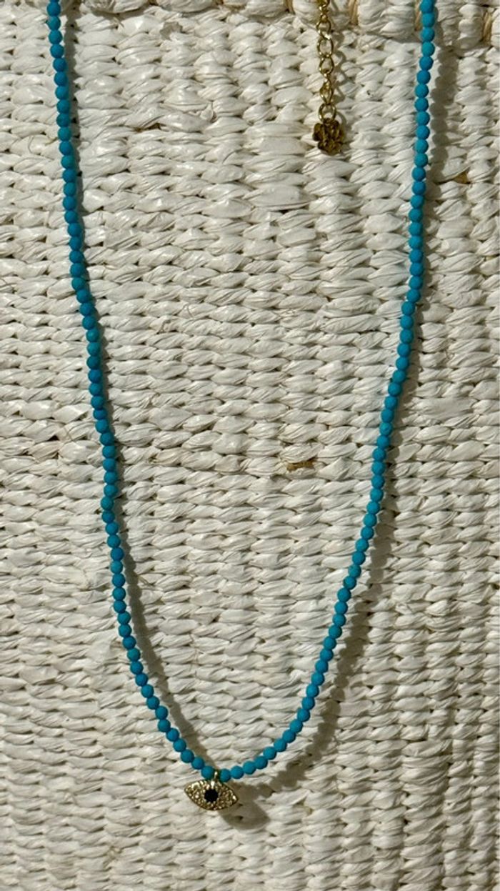 Collier perles naturelles turquoise chaîne réglable œil cristaux habaha Paris - photo numéro 4