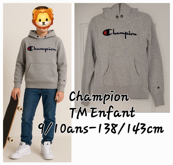 Champion Sweat Capuche TM Enfant- 9/10ans-138/143cm- Gris Chiné-Logo Brodé-Coupe Droite en TBE
