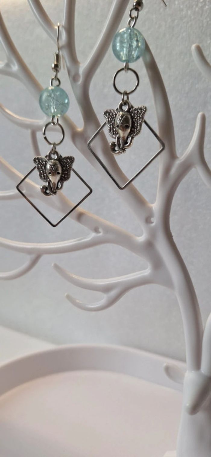 Boucles d’oreilles bleu clair, tête d'éléphant - photo numéro 2