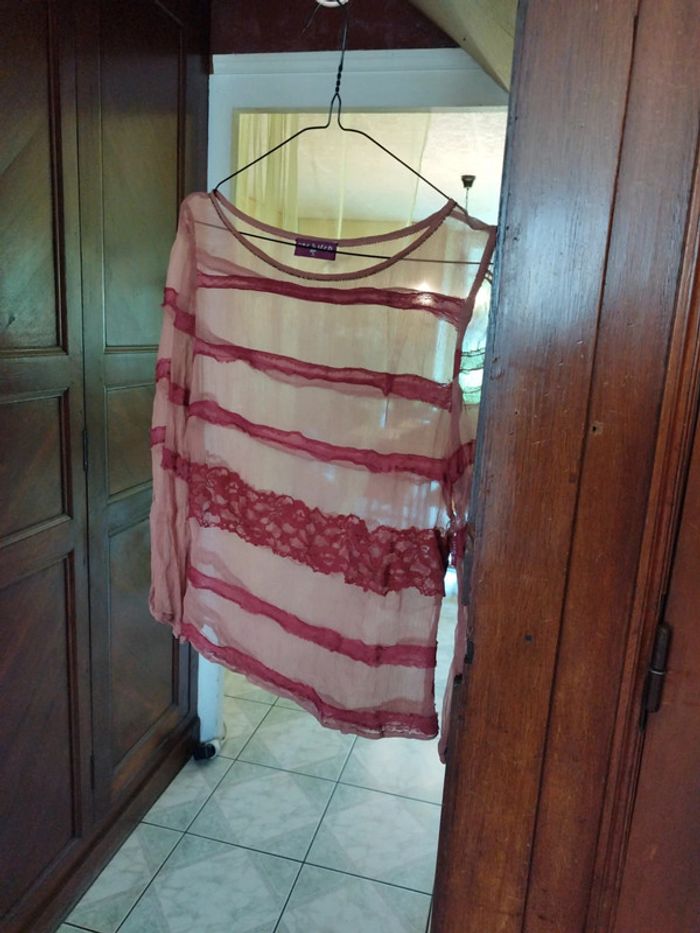 Top blouse rose dentelle col perles vintage M/38 - photo numéro 8