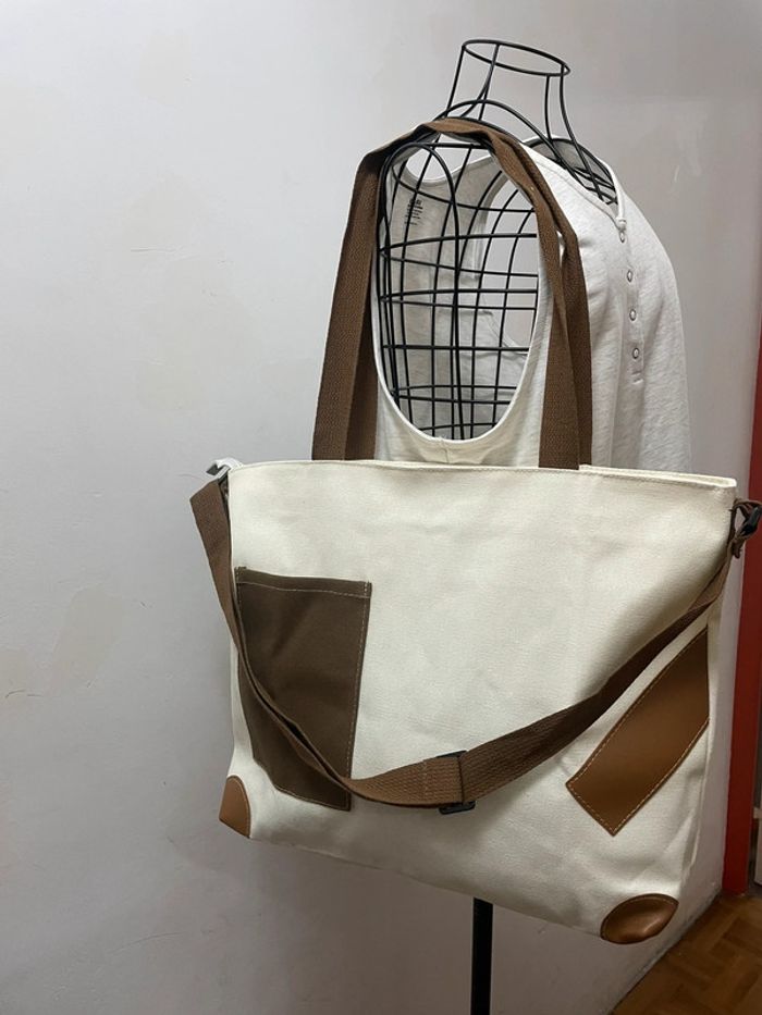 Sac fourre-tout toile marron blanc - photo numéro 2
