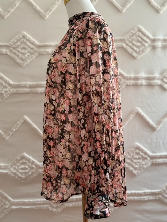 Blouse fleurie transparente col montant plissé – H&M – Taille L – style coquette romantique vintage - photo numéro 5