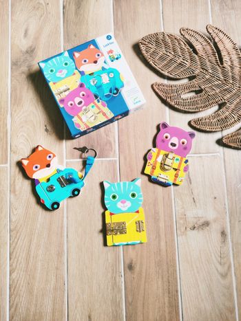 🐻Jeu motricité fine - Coffret Planches animaux avec serrures/verrous en bois marque Djeco