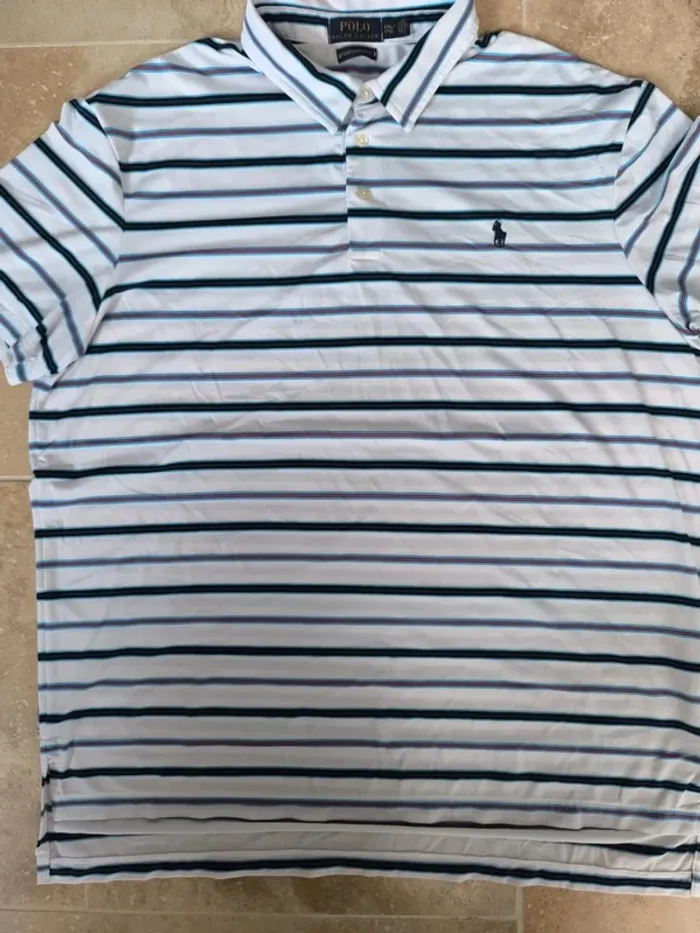 Polo Ralph Lauren homme Performance XXL blanc rayures logo marine comme neuf - photo numéro 2