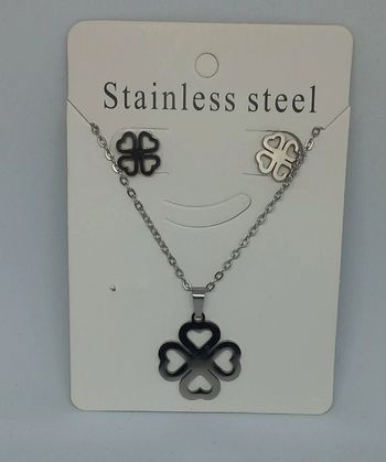 Collier et boucles d'oreilles acier inoxydable ado femme trèfle cœur fantaisie