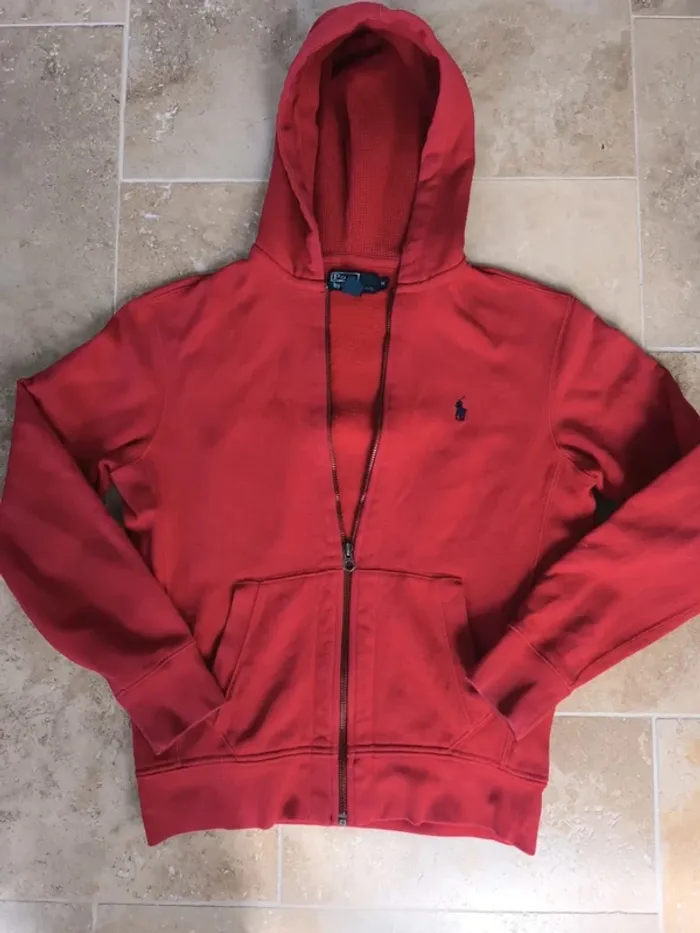 Sweat capuche zippé Ralph Lauren homme M rouge logo marine excellent état - photo numéro 2