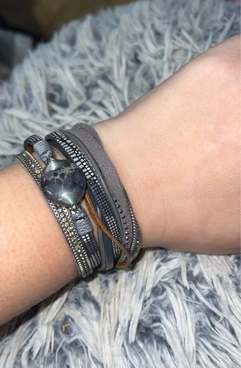 Bracelet la chiquita  manchette cuir noir perles pierre femme marron bleu marine