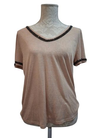 Tee shirt beige rose poudre strass brillants gris H&M taille S 36