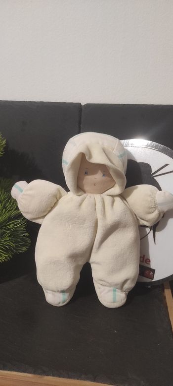 Doudou poupon bébé bleu babi baby corolle peluche jaune rayé rayure ancien blanc