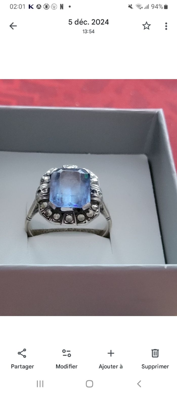 Bague de fiançailles ancienne en argent avec pierre bleu taille 57