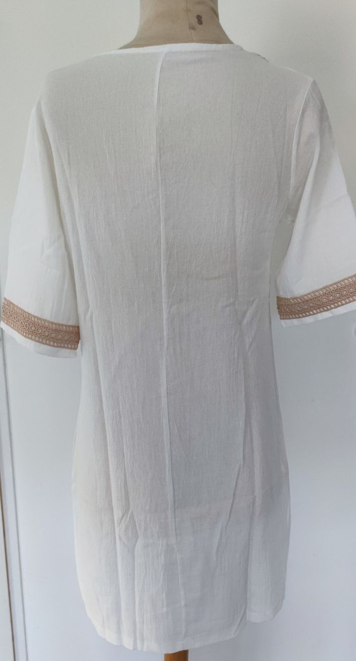 Robe à manches 3/4 et col en V avec bordure contrastée pour femme taille L couleur blanc beige - photo numéro 2