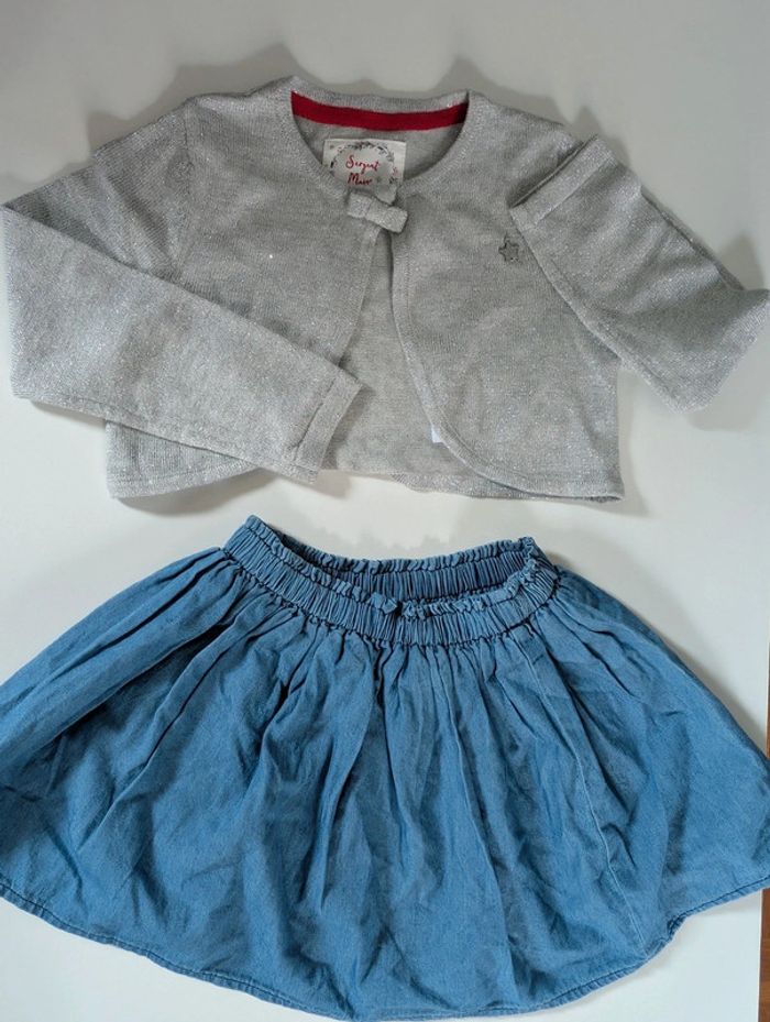Ensemble jupe coton denim Eden et Victor - gilet argenté laine Sergent major 3 ans