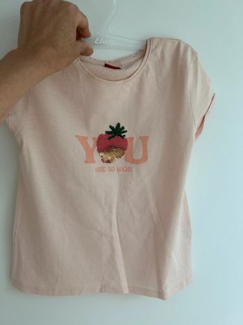 Tee shirt fraise sequins tape à l’œil TAO 8 ans tee shirt couleur corail