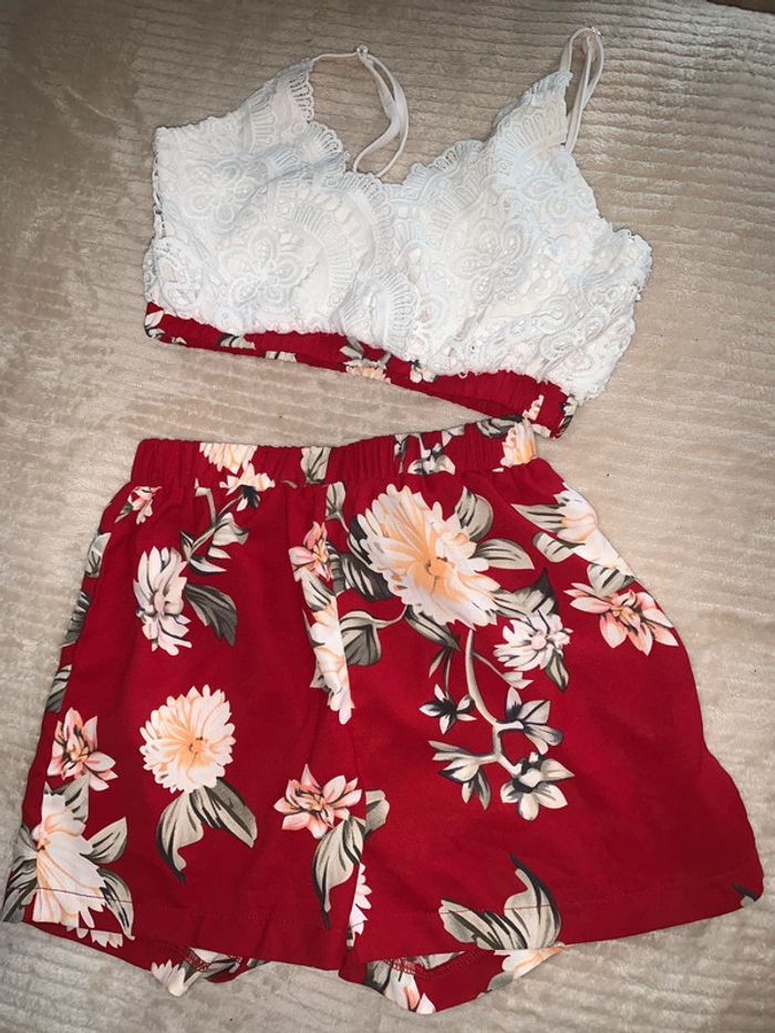 Ensemble chic fille short top court, 12 ans fleurs rouge bordeaux - photo numéro 4
