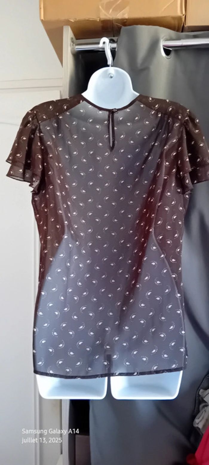 Blouse en voile manches volantées col cravate motif plumes marron femme L - photo numéro 9