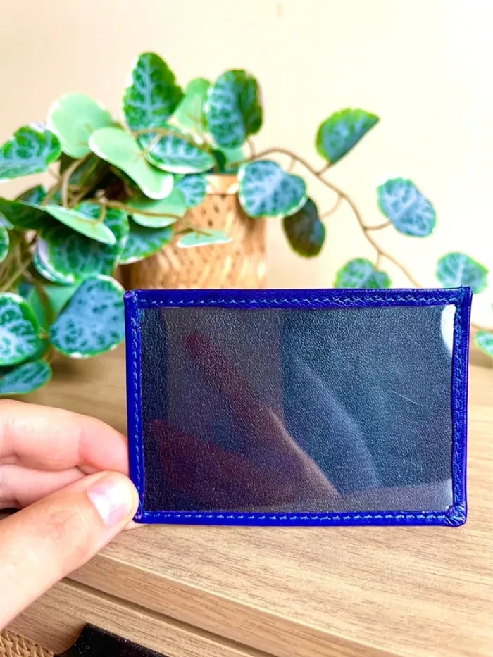 Porte-cartes bleu maroquinerie cuir neuf fenêtre transparente format carte - photo numéro 3
