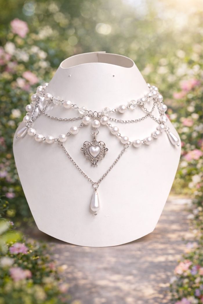 Joli collier argenté avec perle blanche et coeur