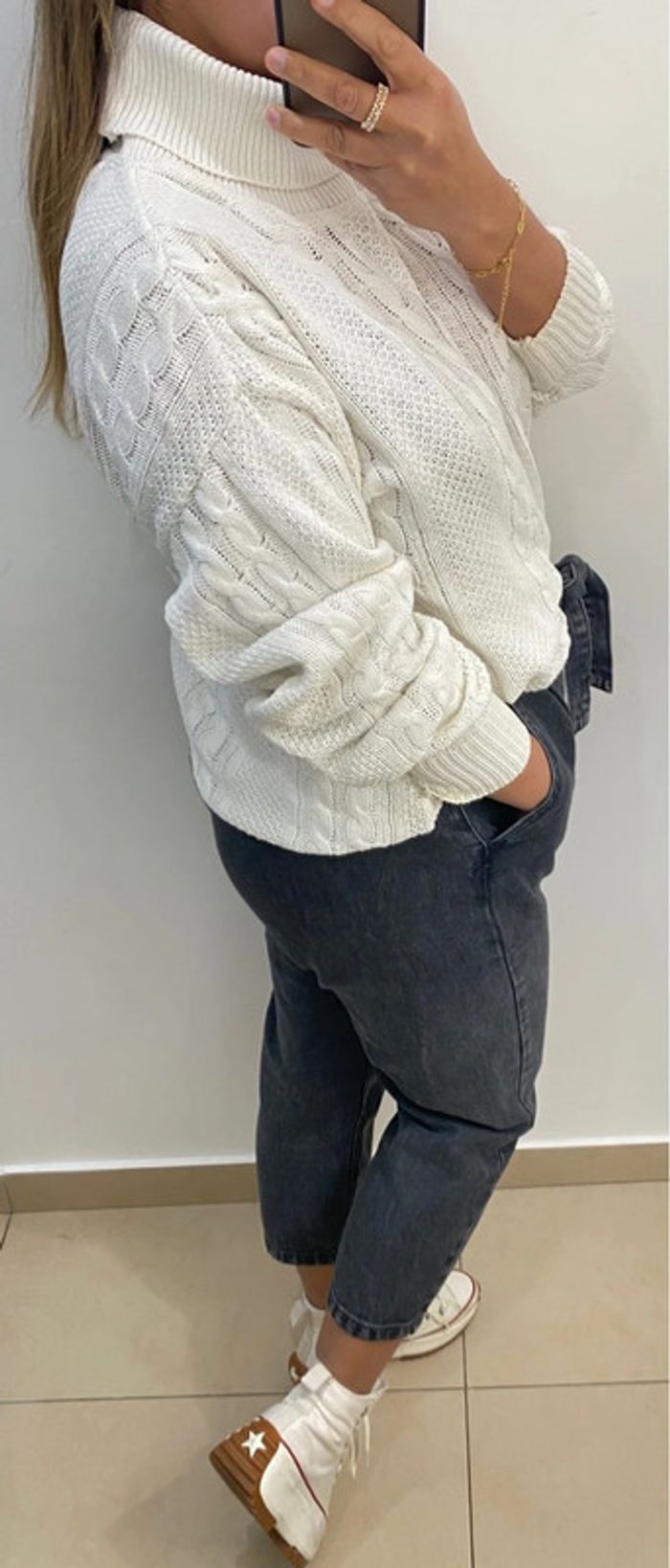 Superbe Pull Roulé Torsadé Blanc Taille M - photo numéro 8