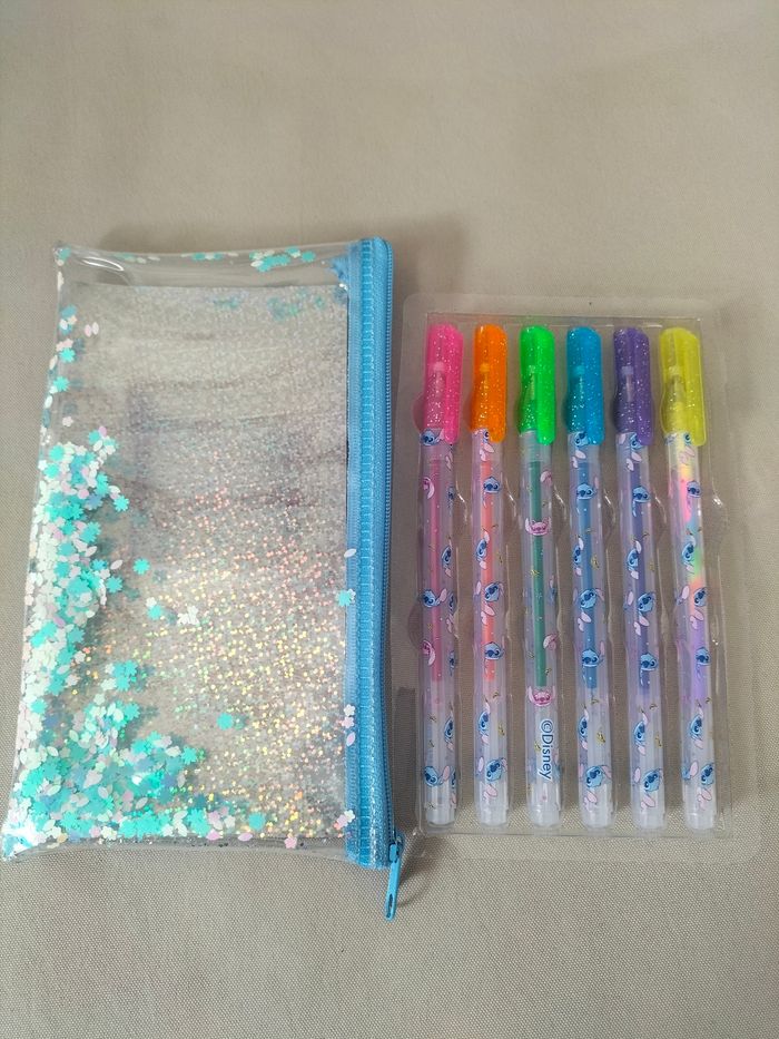 🤍 Trousse pailleté+ stylos gel couleurs Stitch - Disney - Neuve 🤍