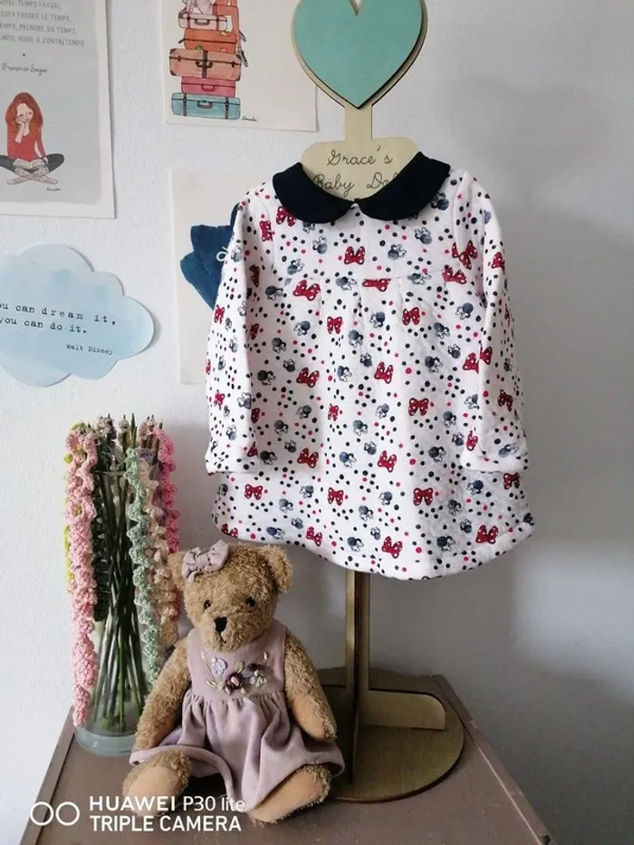 Robe bébé fille blanche à motifs Minnie et col noir