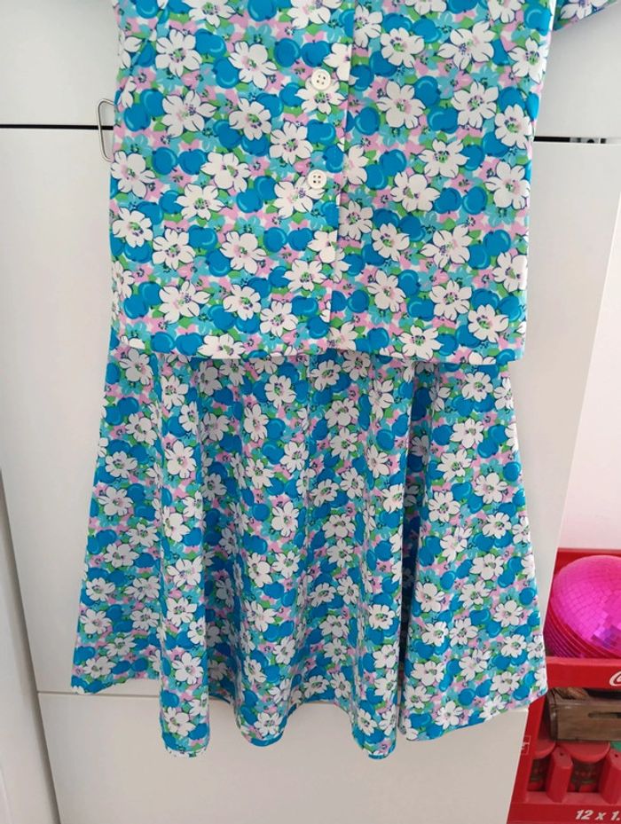Magnifique Ensemble vintage 70's bleu fleurs roses /blanches taille 34 - photo numéro 17