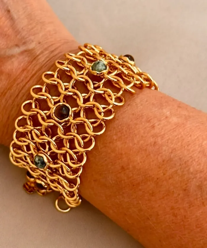 Bracelet manchette large  mailles larges pierres véritables amazonite œil de tigre habaha Paris