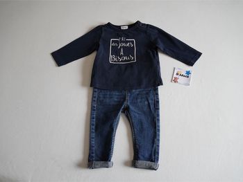 Ensemble Tape à l'oeil 9 mois : Pantalon en Jean + Haut marine/blanc fantaisie