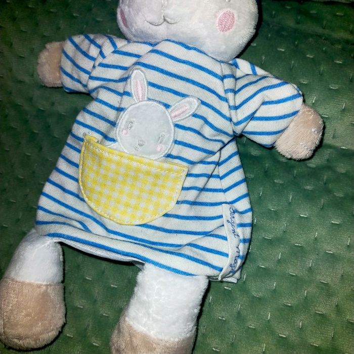 Doudou Lapin marionnette bleu blanc rayé poche Sergent major - photo numéro 2