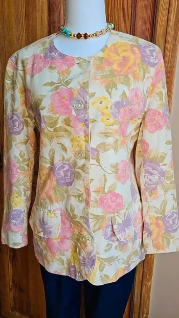 Veste blazer vintage flower print rose et pastel