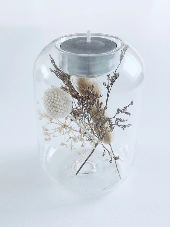 Photophore en verre et fleurs séchées + 6 bougies chauffe plat