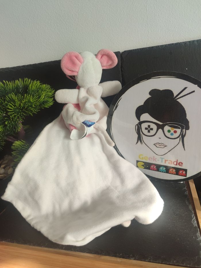 Doudou mouchoir souris Sucre d'orge rose blanc cajou noeud range peluche Velour - photo numéro 2