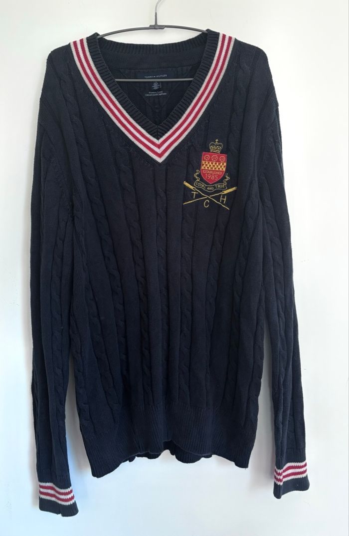 💙 Pull col en V torsadé Tommy Hilfiger Taille L - 100% coton