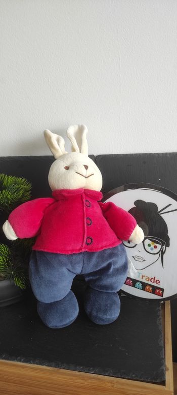 Peluche Lapin Ancien Beige Rouge Bleu Marine Doudou Vintage Bouton Marron