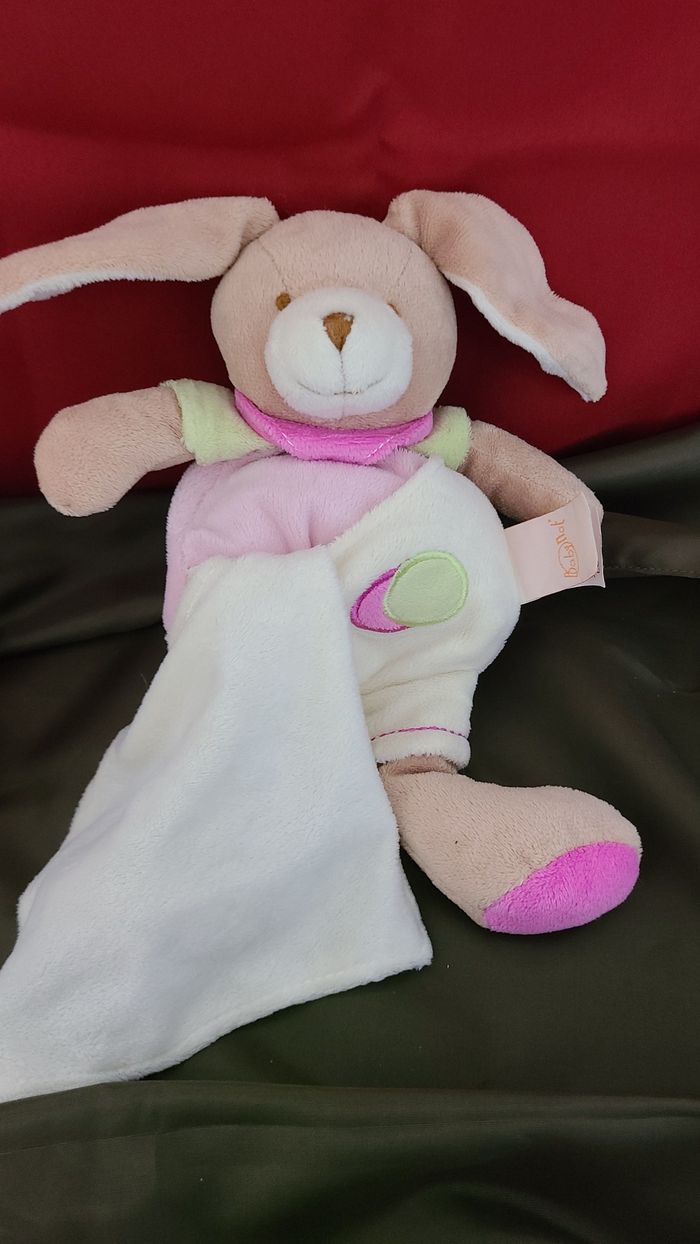 Doudou lapin rose vert blanc mouchoir BABY NAT - photo numéro 5