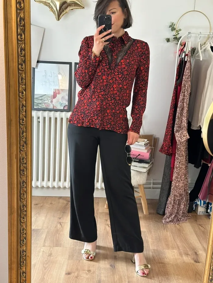 Chemisier Maje noir et rouge taille 38 motifs fleurs - photo numéro 4