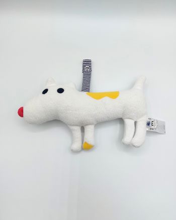 Doudou peluche chien blanc PETIT BATEAU jaune rouge bleu éponge attache tétine