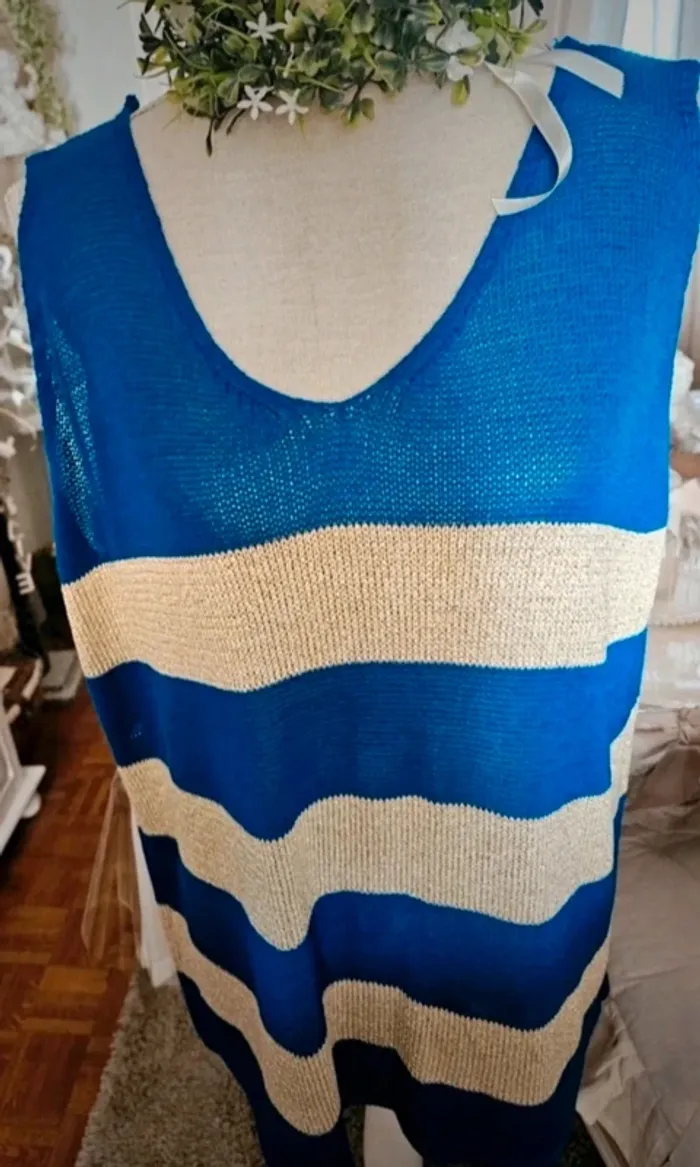 Haut sans manches bleu/beige doré style pull fin Sisi Fashion Taille L/XL Neuf - photo numéro 2