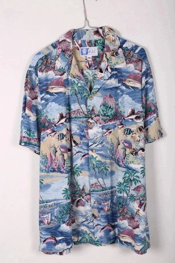 Chemise Hawaïenne vintage 90's en coton motif iles et poissons made in USA (#250025)