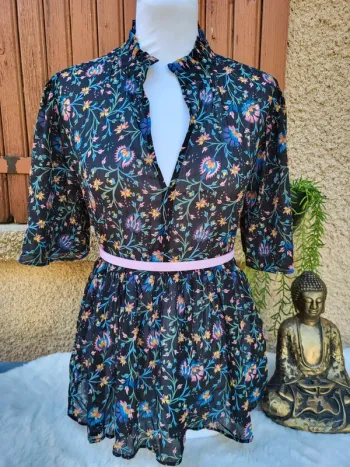 Blouse voile fleuri champêtre vintage romantique noir multicolore promod taille 42